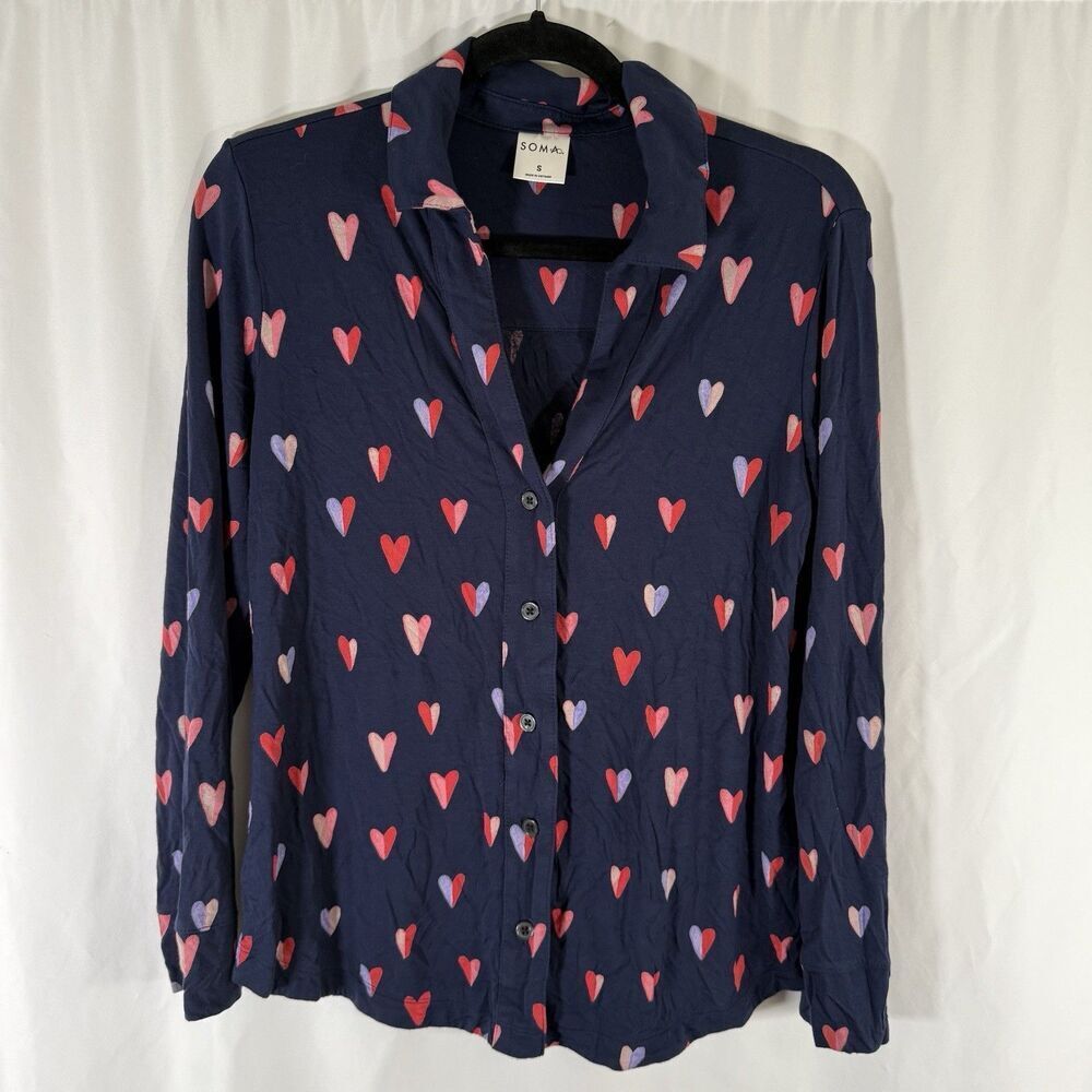 Soma Pajama Top Women's Small Blue Pink Hearts Button Up Long Sleeve Rayon Blend